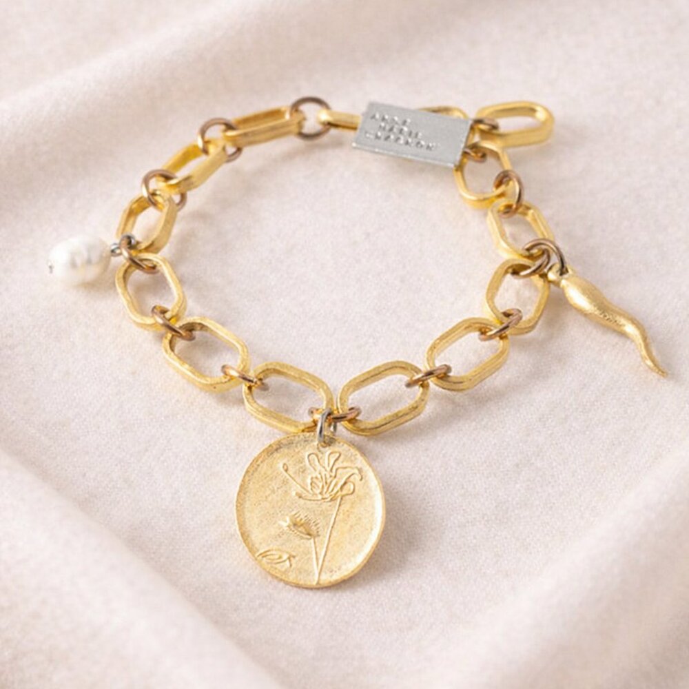 Anne Marie Chagnon Artisan Modernist Gold Chain Bracelet with 3 Charms